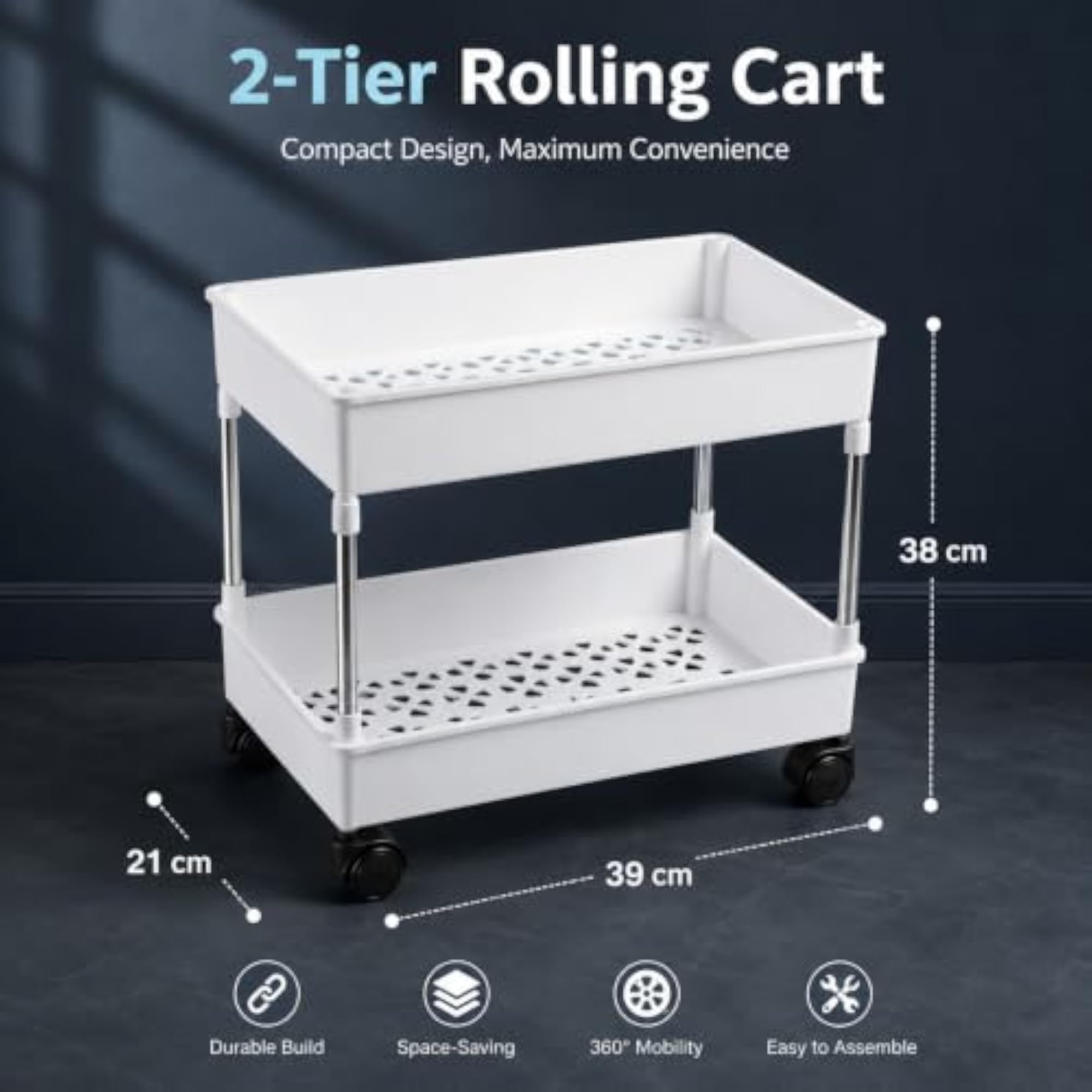 Slim Kitchen Storage Trolley, 2 Tier Rolling Utility Cart with Wheels